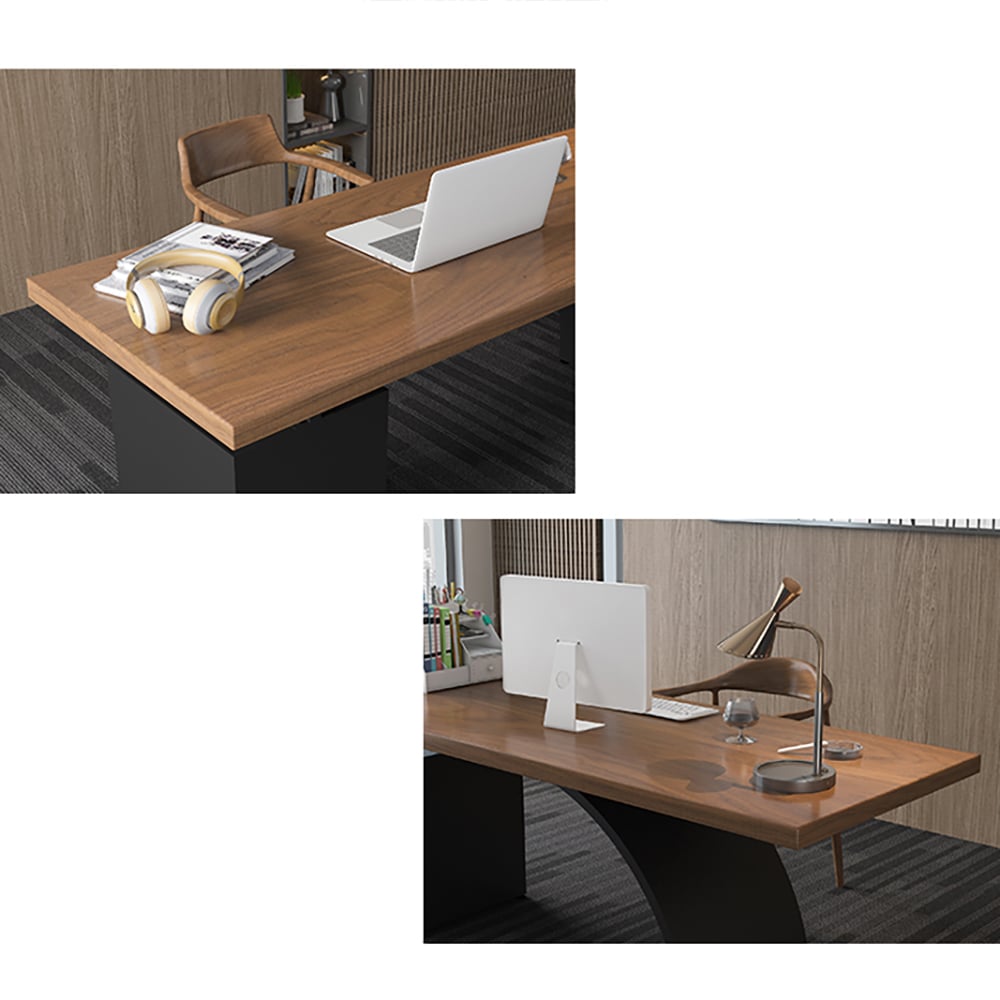 Table de bureau moderne en noyer avec tiroirs, dessus en bois et cadre en métal image de fenêtre