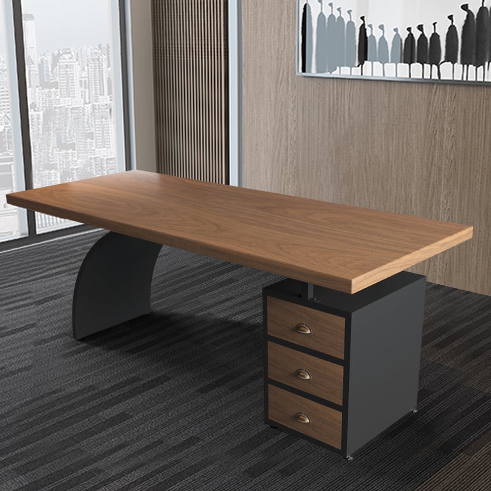 Table de bureau moderne en noyer avec tiroirs, dessus en bois et cadre en métal image de fenêtre