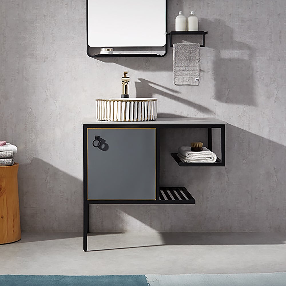 Gray Wall Mount Bathroom Vanity Freestanding Sintered Stone Tabletop with Towel Shelves window image
