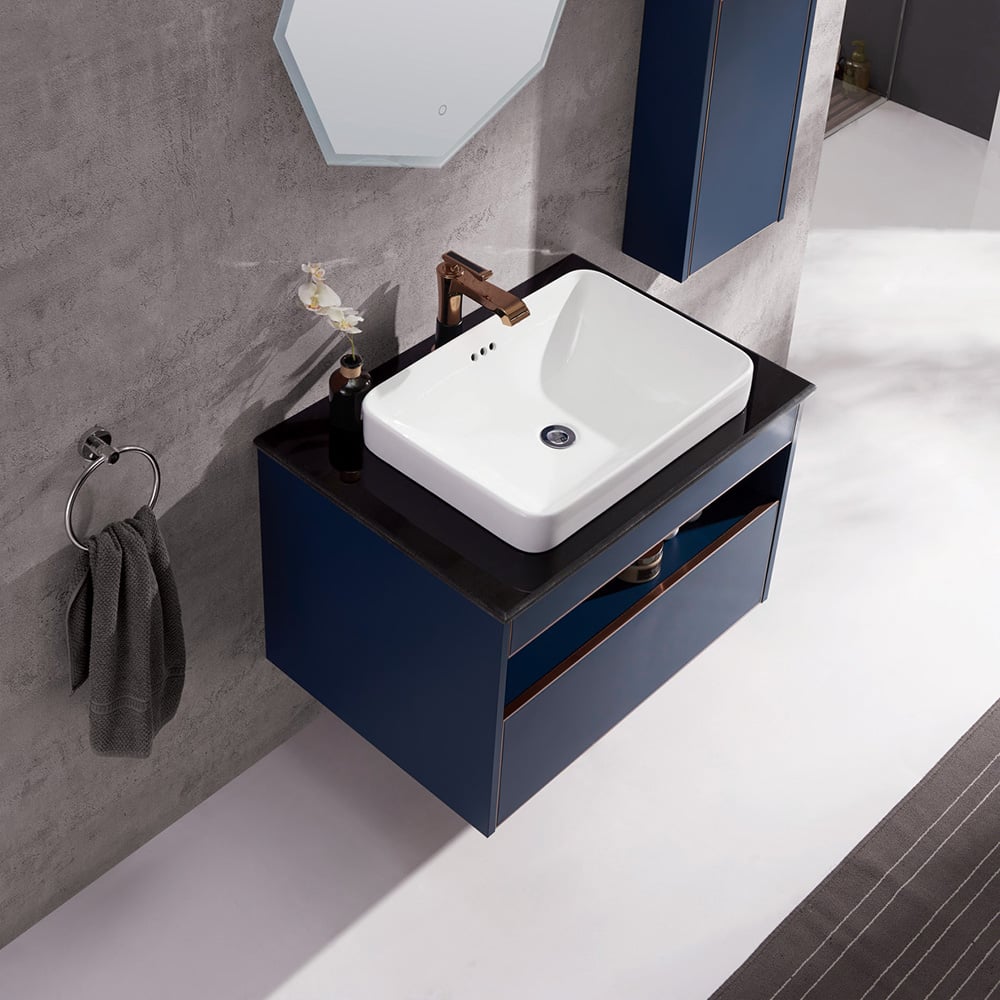 Modern Blue Floating Bathroom Vanity Marble Top Ceramics Countertop Basin with 1 Drawer window image