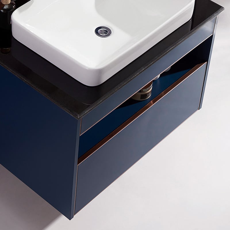 Modern Blue Floating Bathroom Vanity Marble Top Ceramics Countertop Basin with 1 Drawer window image