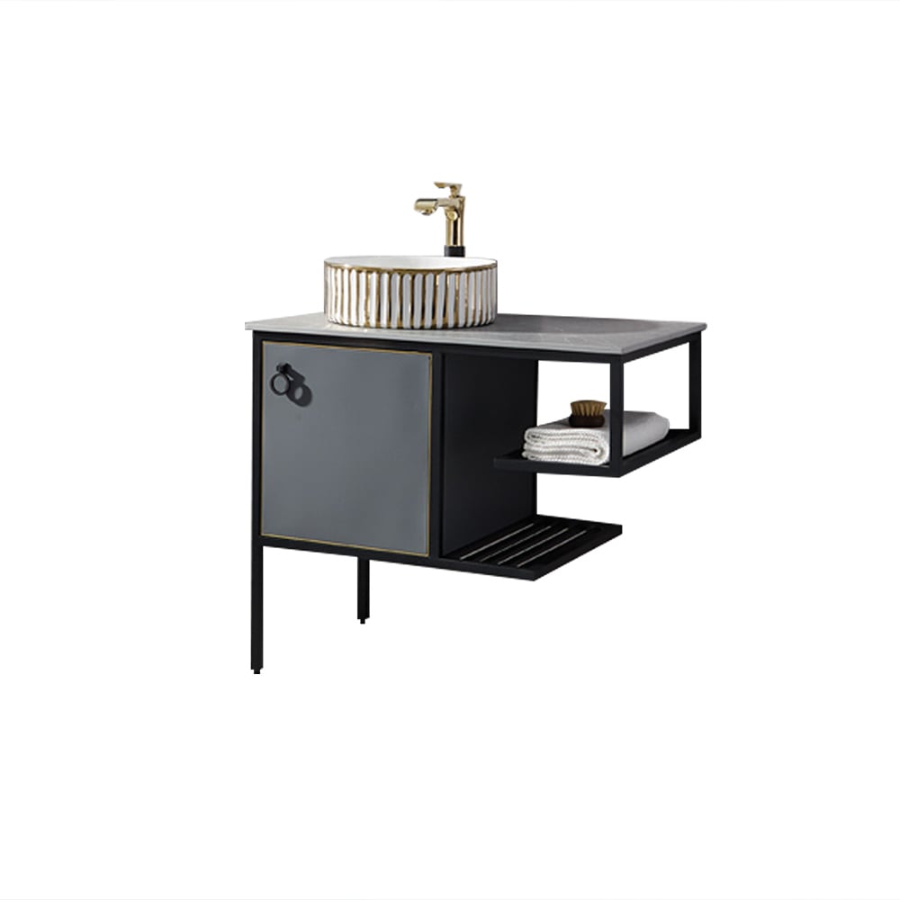 Gray Wall Mount Bathroom Vanity Freestanding Sintered Stone Tabletop with Towel Shelves window image