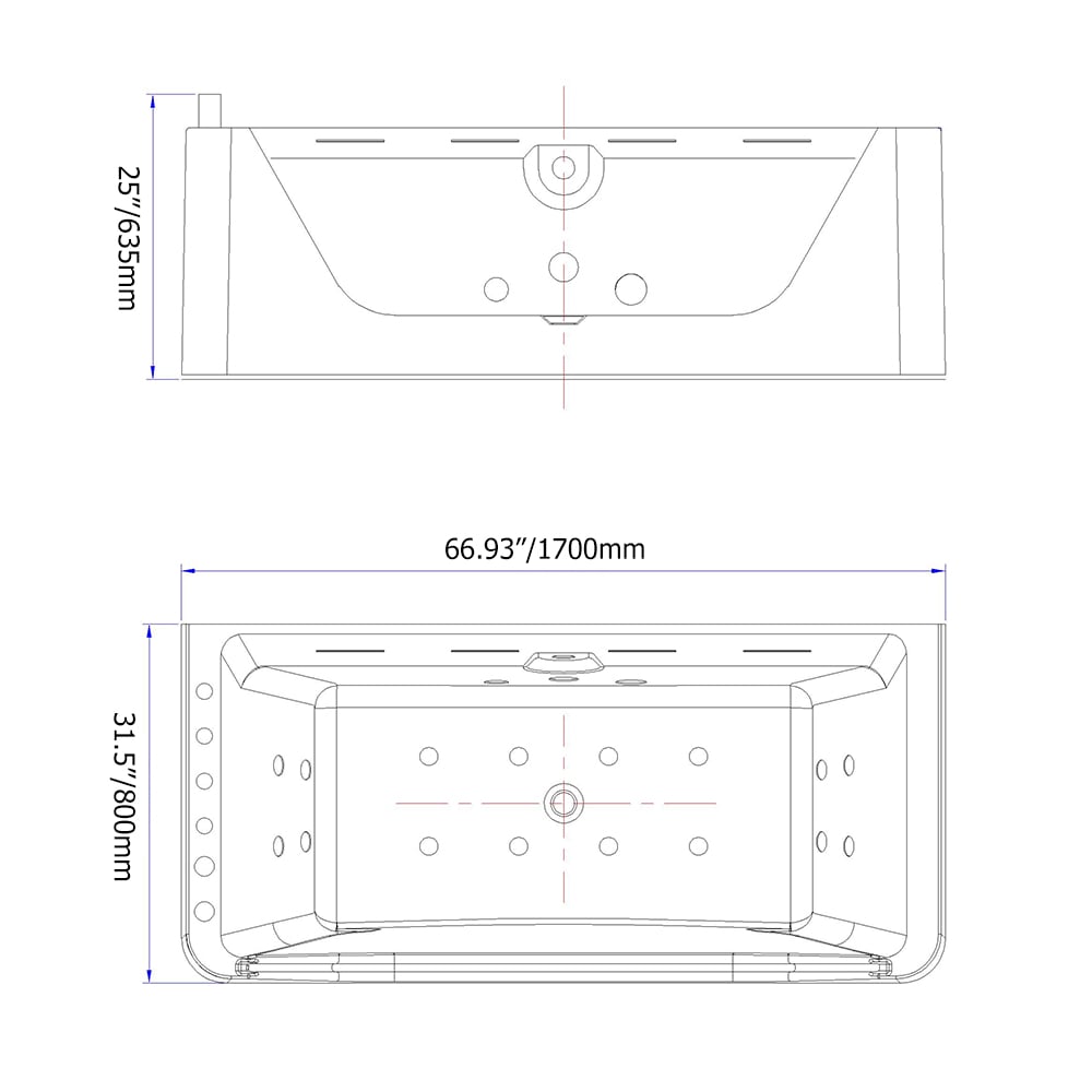 67" LED Acrylic Rectangle Whirlpool Water Massage 3 Sided Apron Bathtub with Waterfall