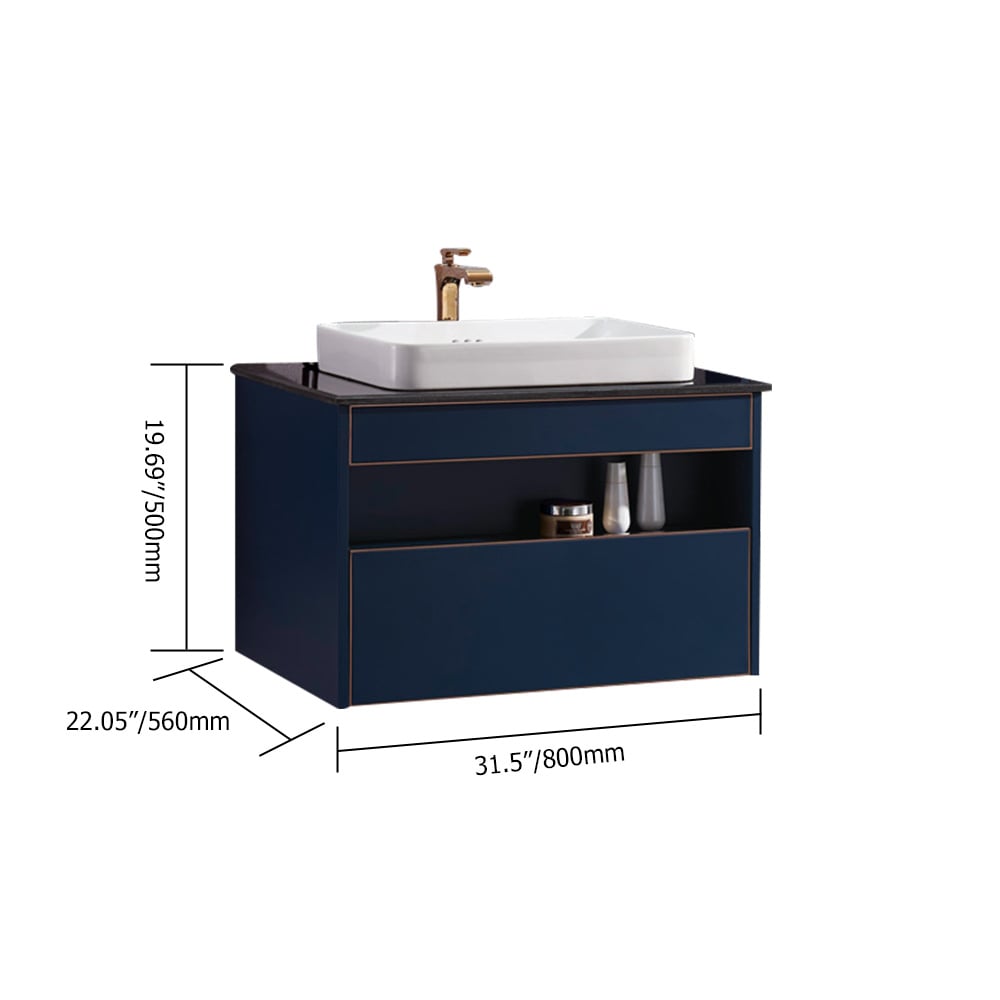 Modern Blue Floating Bathroom Vanity Marble Top Ceramics Countertop Basin with 1 Drawer window image
