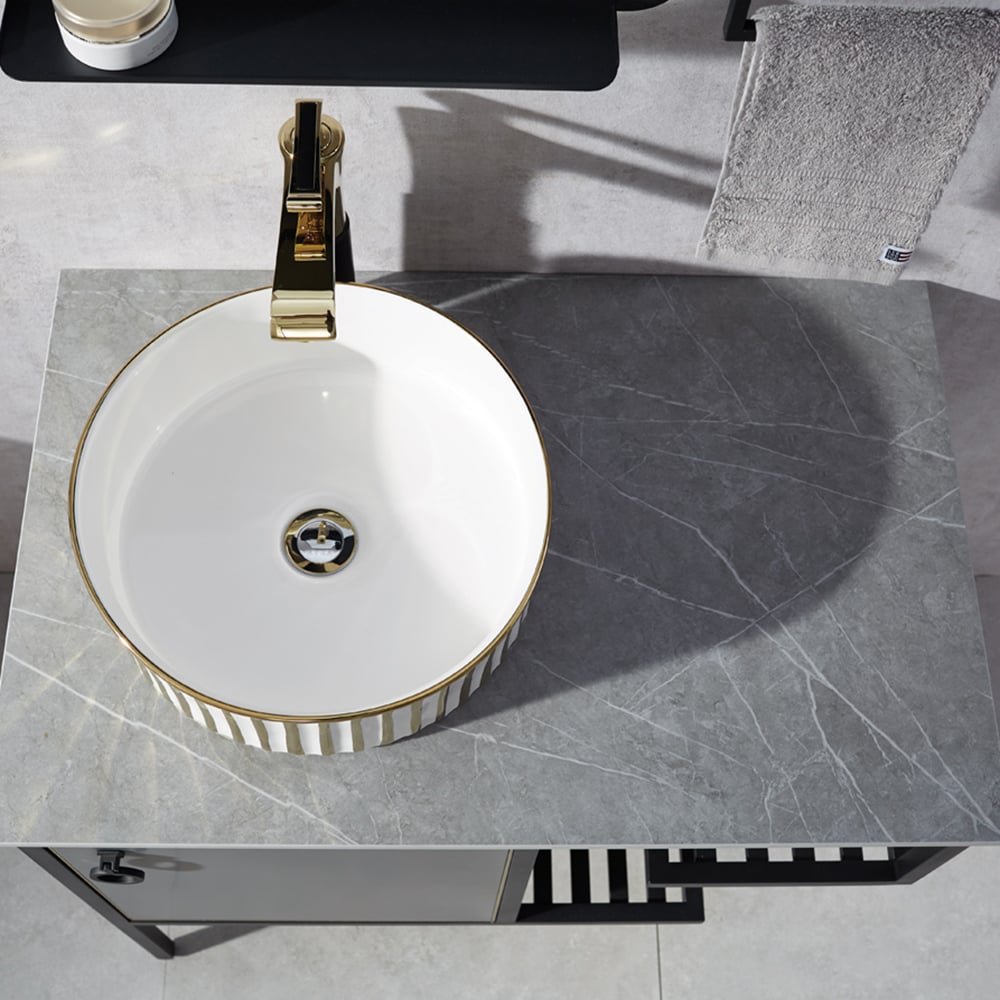 Gray Wall Mount Bathroom Vanity Freestanding Sintered Stone Tabletop with Towel Shelves window image