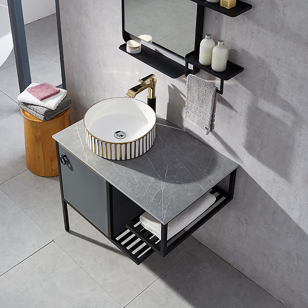 Gray Wall Mount Bathroom Vanity Freestanding Sintered Stone Tabletop with Towel Shelves window image