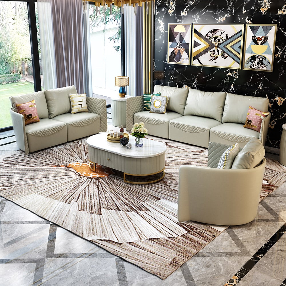 Ensemble de 3 pièces moderne en similicuir beige clair avec cadre en bois massif image de fenêtre