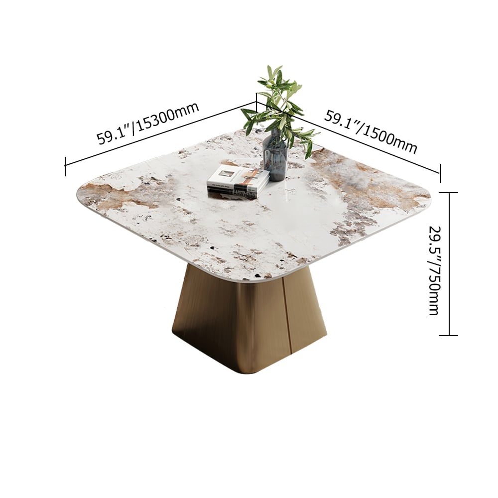 59.1" Square Sintered Stone-Top Pedestal Dining Table Hourglass-Shaped Base weights dimensions image