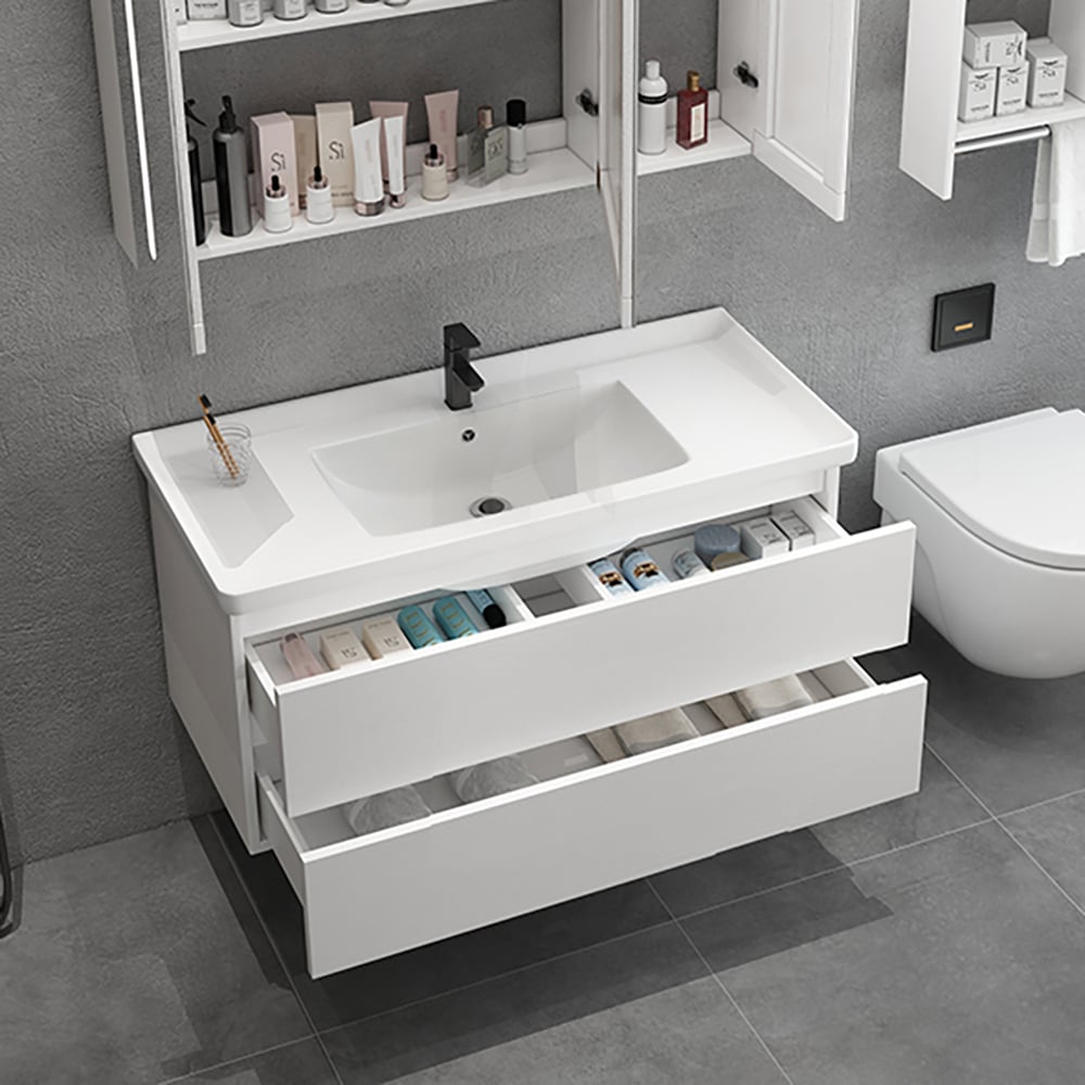 32.3" White Floating Bathroom Vanity with Integral Ceramic Sink with 2-Drawer window image