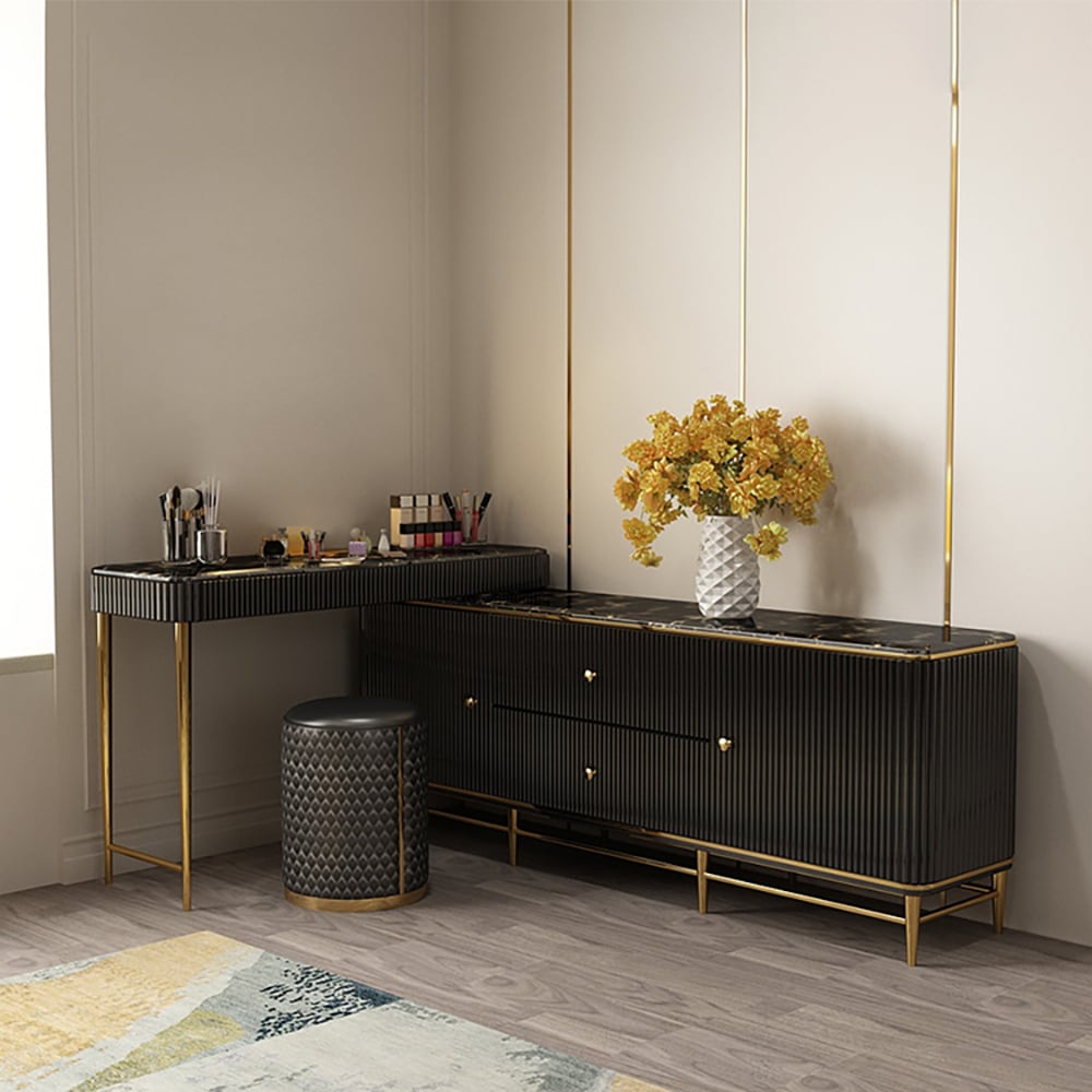 Bline Retractable Marble Top Makeup Vanity Table & Cabinet Combo Storage Fit in Corner window image