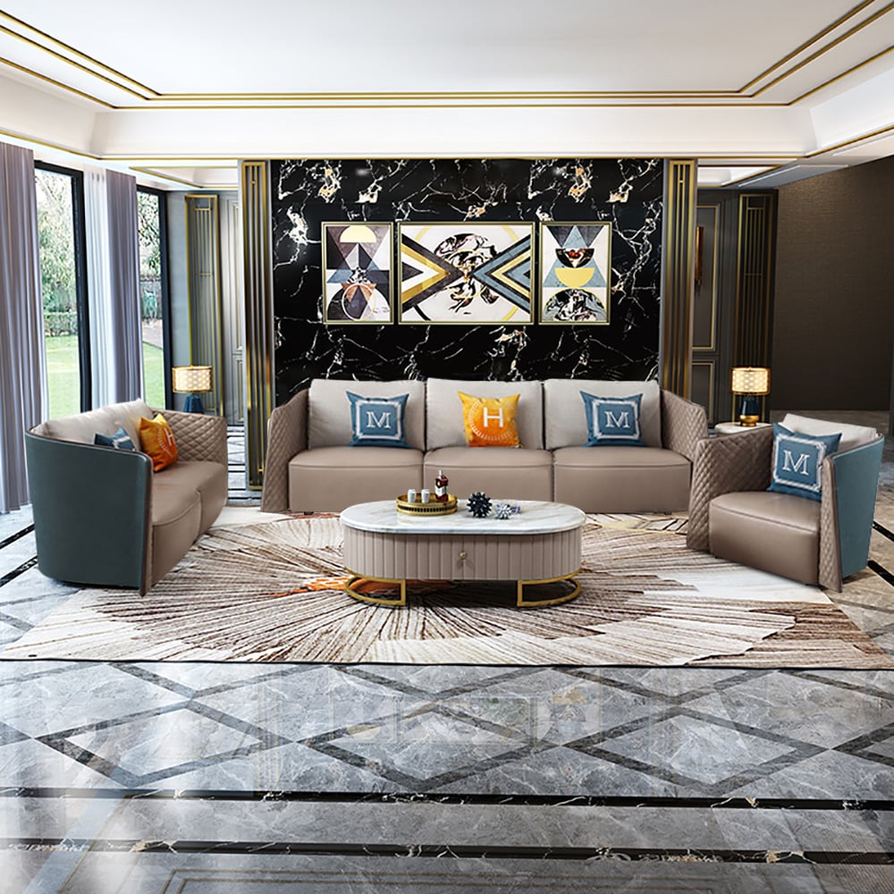 Ensemble de 3 pièces moderne Ensemble de canapé en simili cuir bleu et beige avec cadre en bois massif image de fenêtre