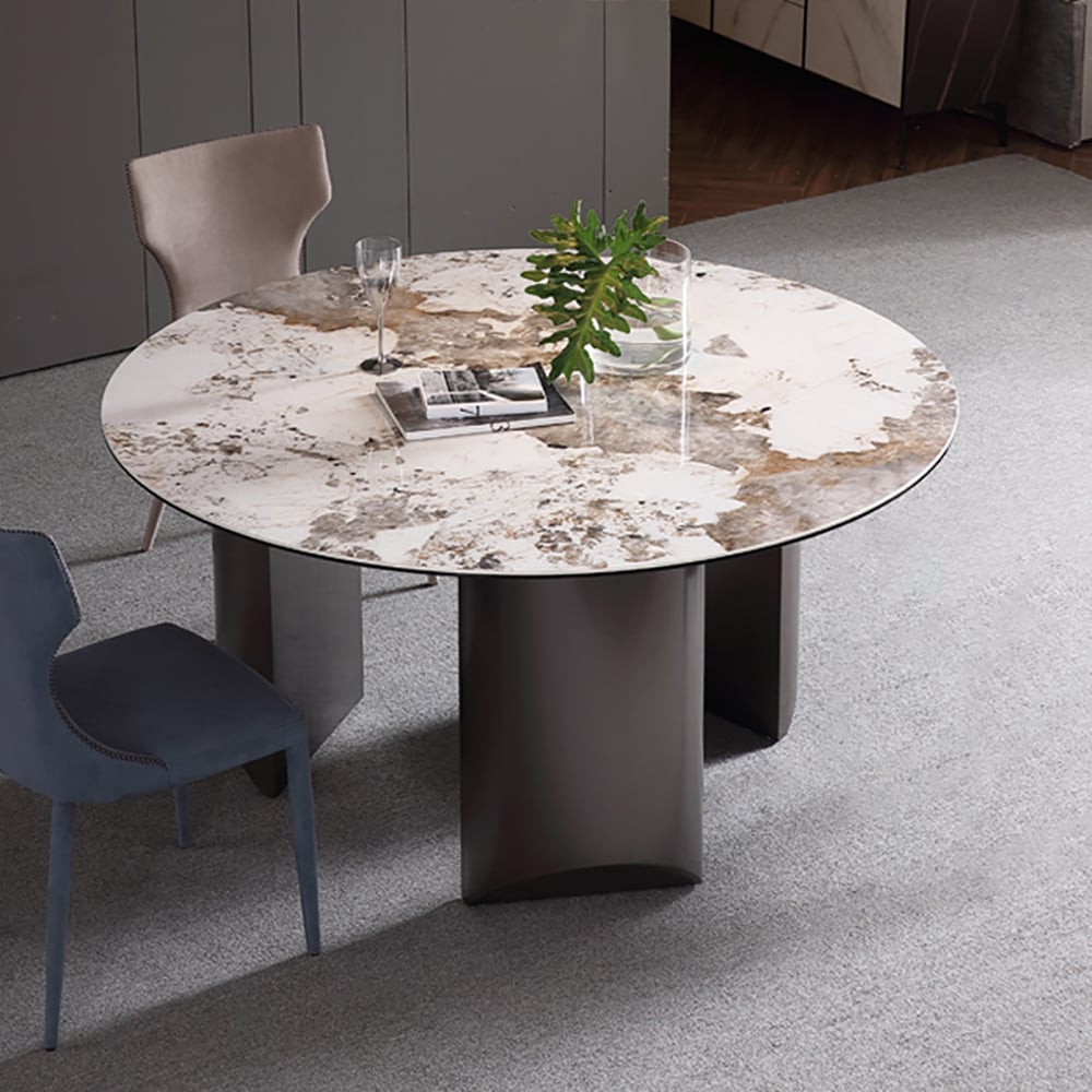 Table de salle à manger ronde moderne en pierre frittée de 53,1 po avec pieds en acier inoxydable image de fenêtre