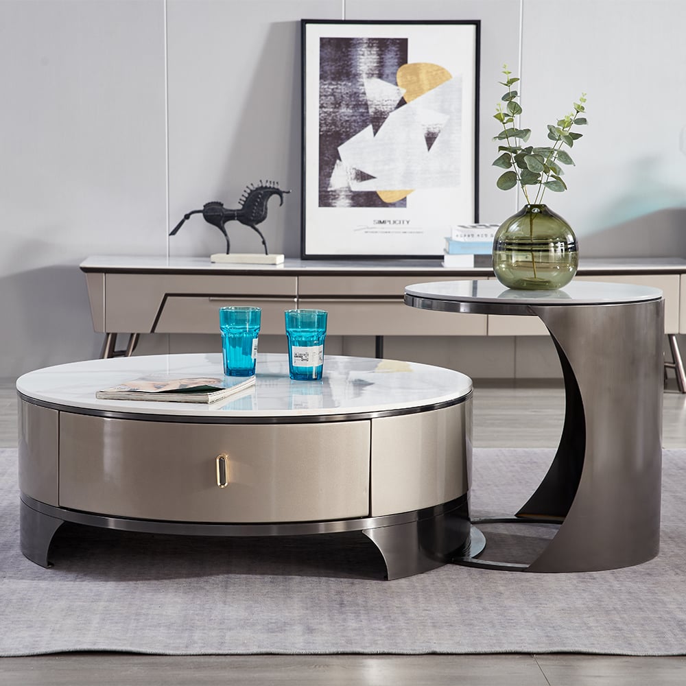 Ensemble de table basse moderne blanche gigogne avec dessus en pierre frittée Table basse 2 pièces image de fenêtre