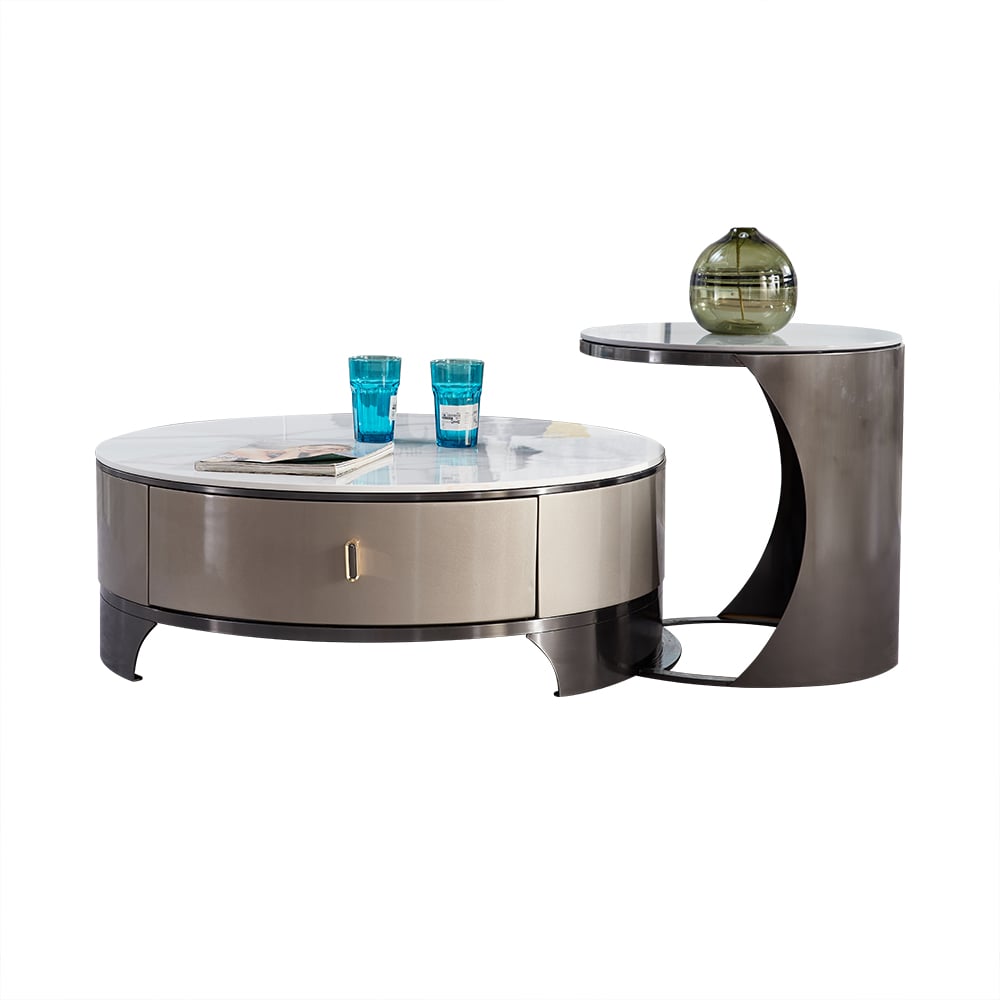 Ensemble de table basse moderne blanche gigogne avec dessus en pierre frittée Table basse 2 pièces image de fenêtre