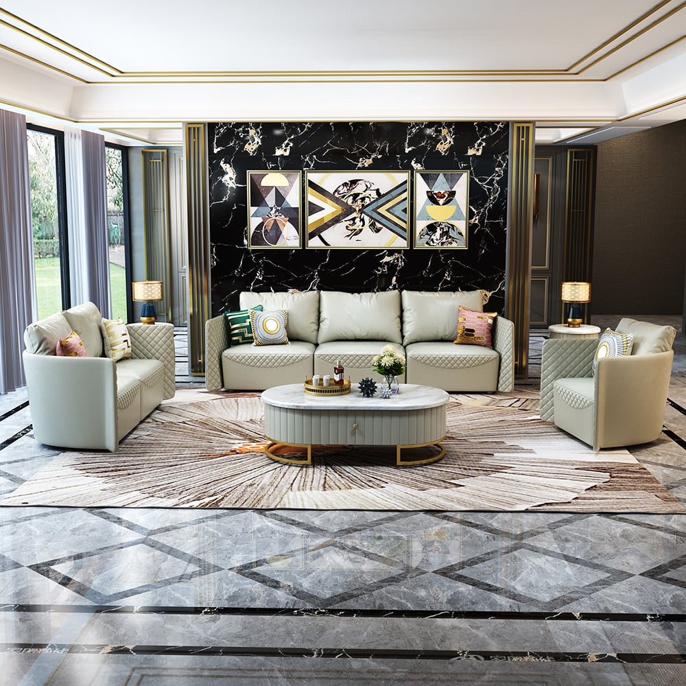 Ensemble de 3 pièces moderne en similicuir beige clair avec cadre en bois massif image de fenêtre