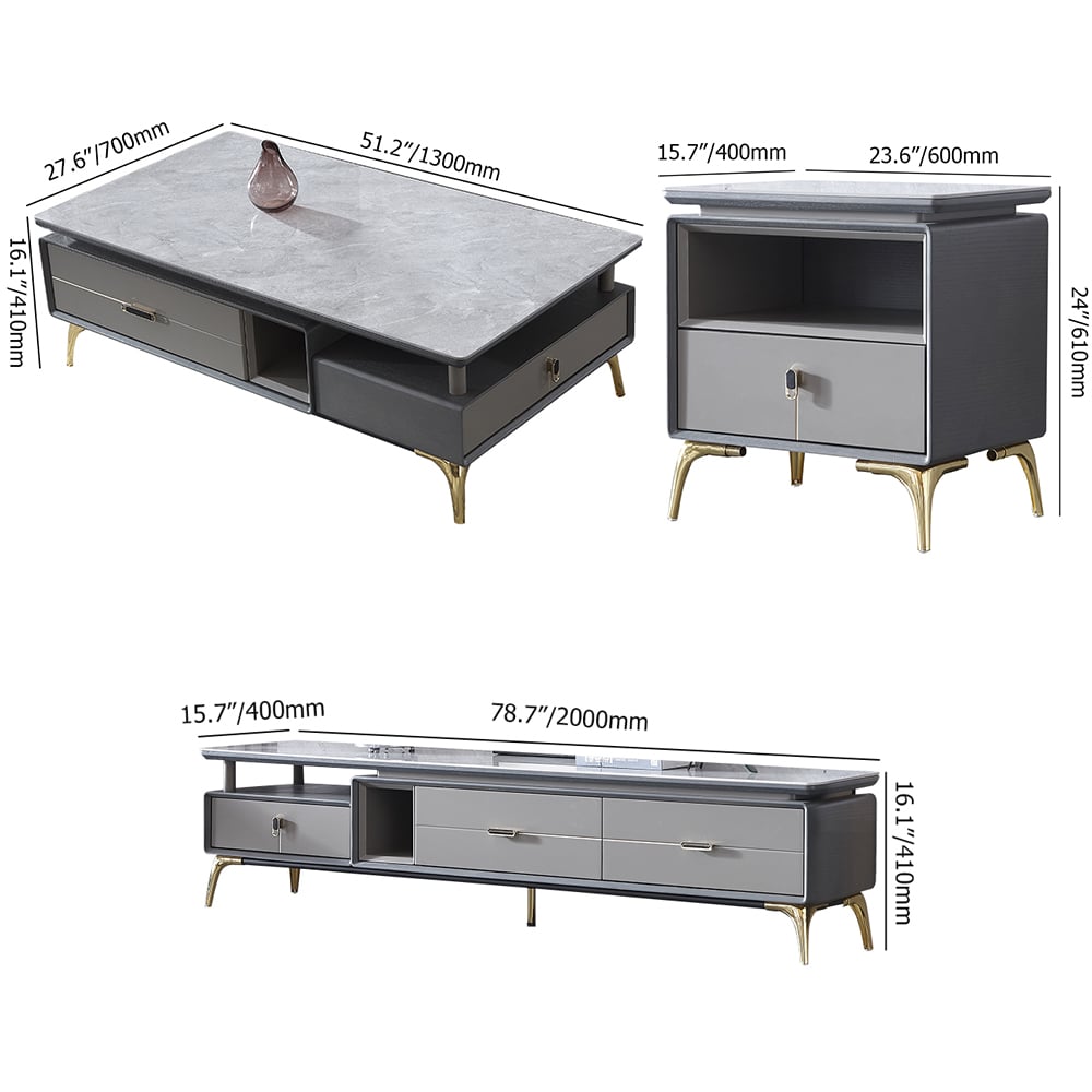 Post-modern Rectangular Coffee Table & TV Console & Side Cabinet Set of 3 window image