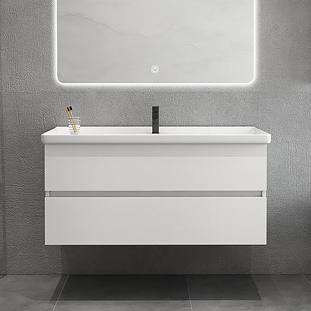 32.3" White Floating Bathroom Vanity with Integral Ceramic Sink with 2-Drawer window image
