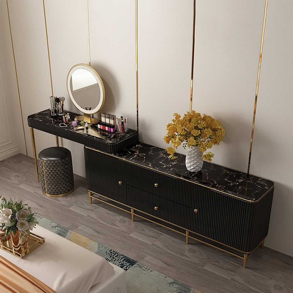 Bline Retractable Marble Top Makeup Vanity Table & Cabinet Combo Storage Fit in Corner window image