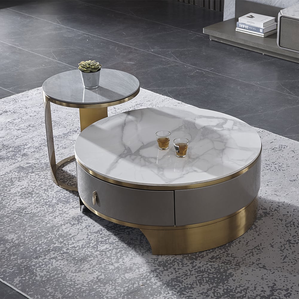 Modern Round White Nesting Coffee Table Set with Sintered Stone Top 2 ...