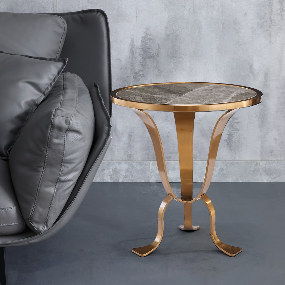 Modern Gold End Table Stainless Steel Side Table Sintered Stone Round Tabletop window image