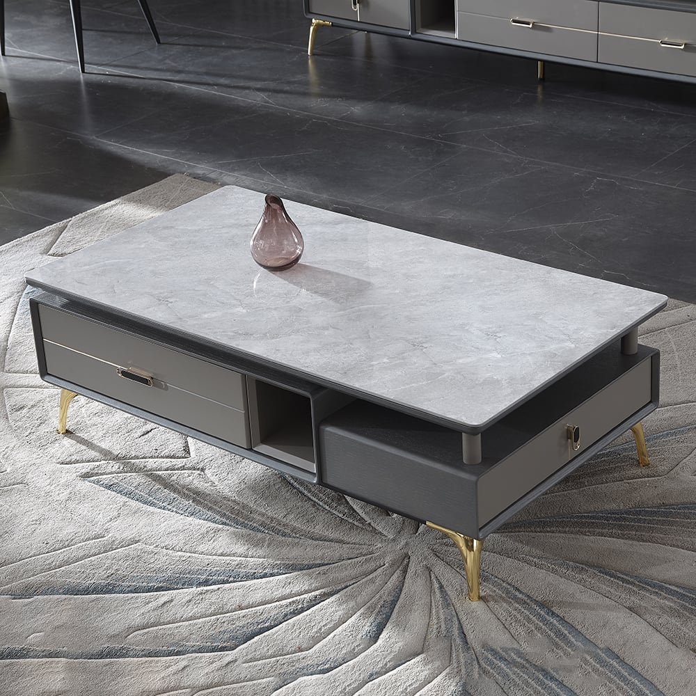 Contemporary Gray Sintered Stone-top Coffee Table with Storage Rectangular Coffee Table window image