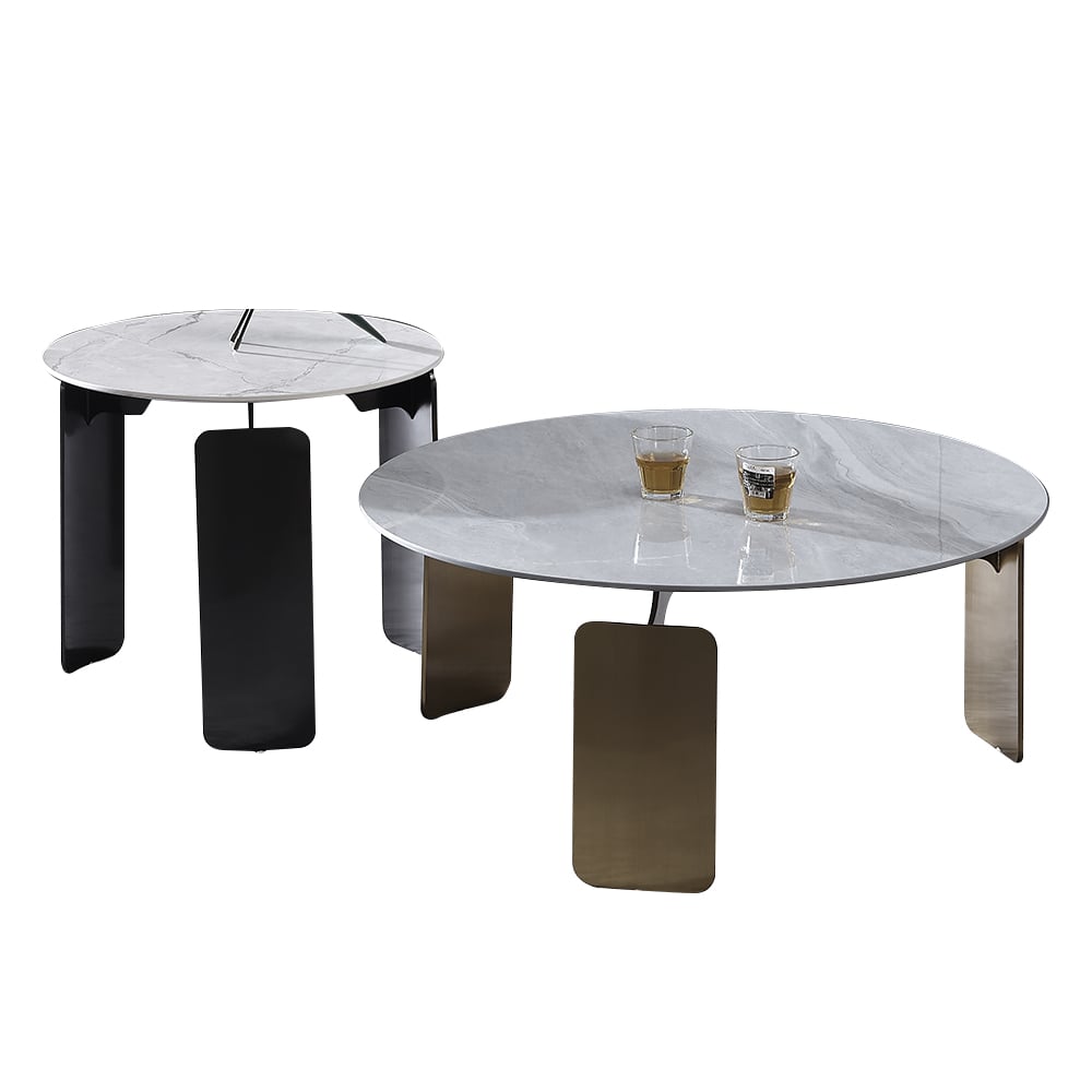 Modern Sintered Stone Top Coffee Table Stainless Steel Base Round Coffee Table Set of 2 window image