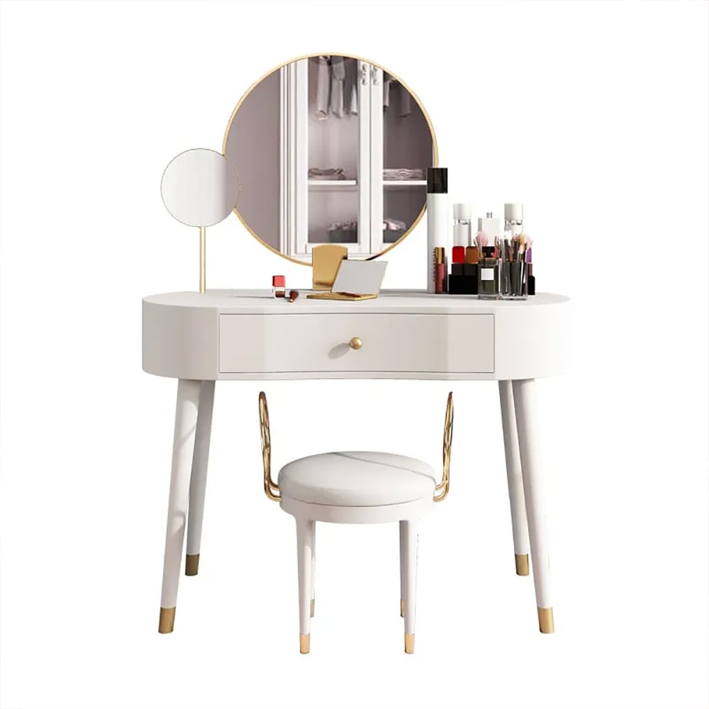 Elegant Makeup Vanity Table Set 2 Mirrors with Drawer & Stool Brushed Gold White window image