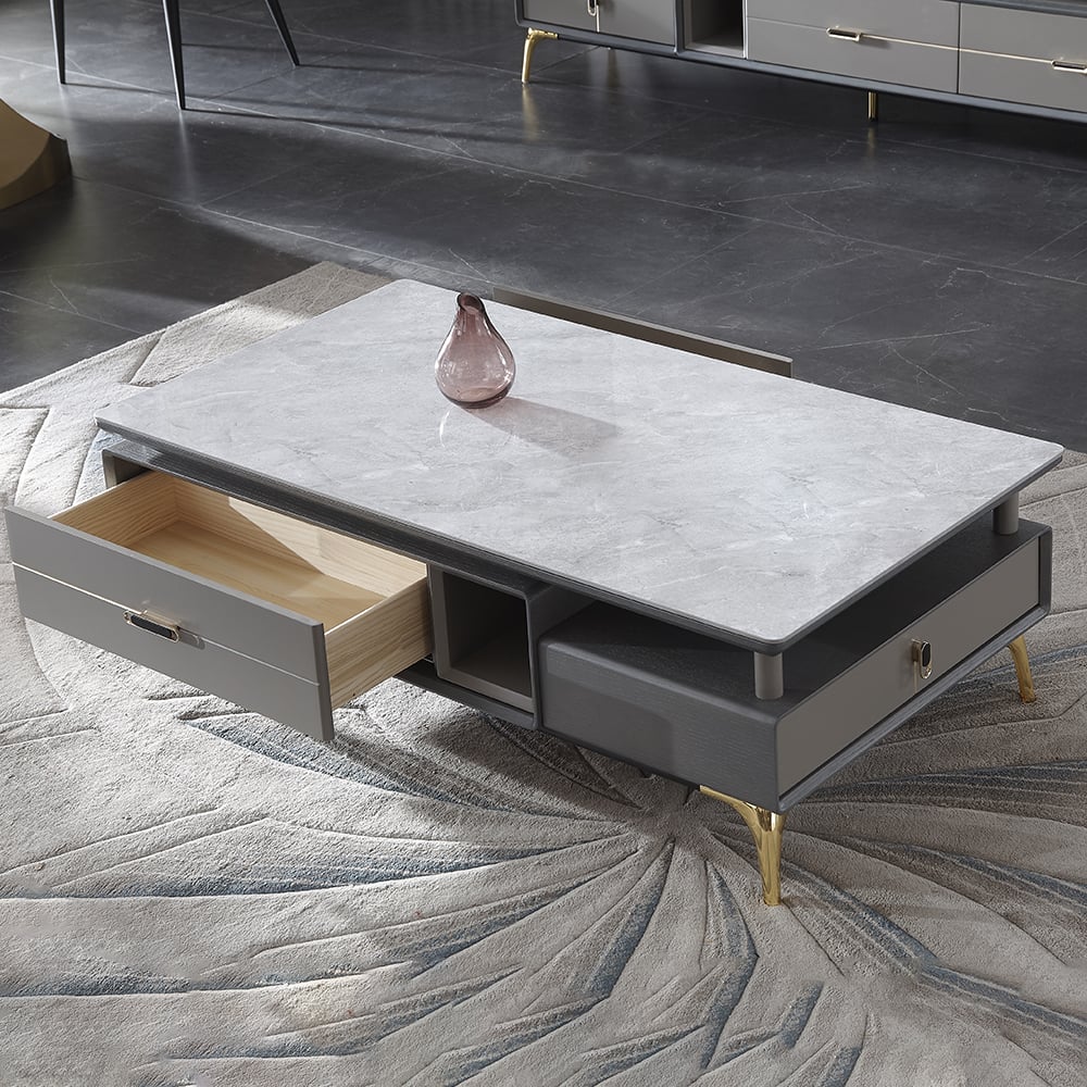Contemporary Gray Sintered Stone-top Coffee Table with Storage Rectangular Coffee Table window image