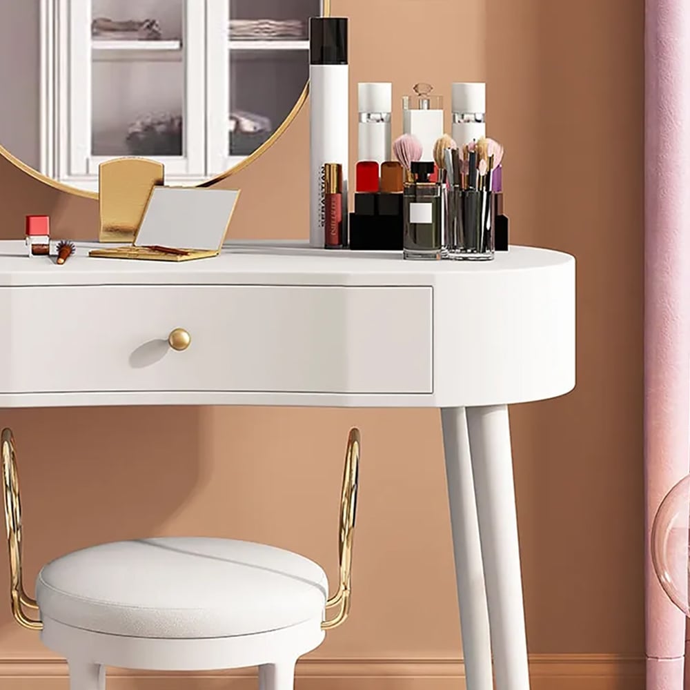 Elegant Makeup Vanity Table Set 2 Mirrors with Drawer & Stool Brushed Gold White window image