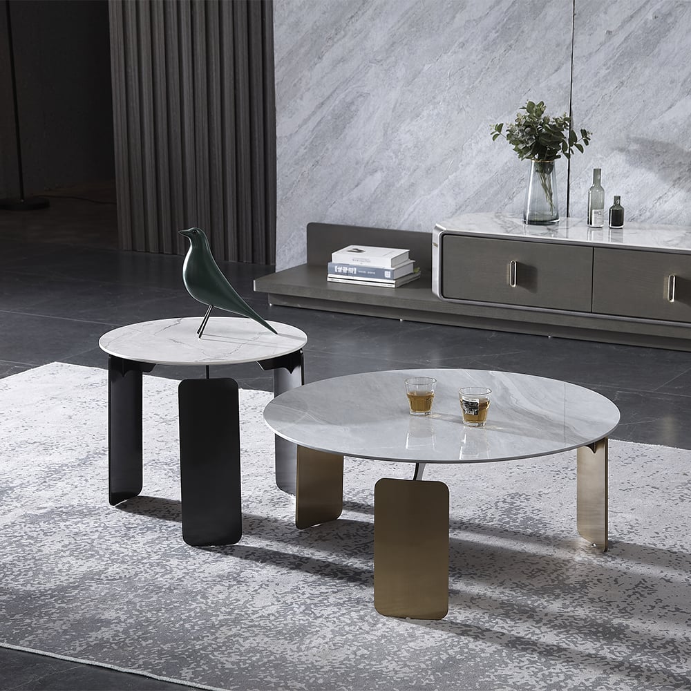 Modern Sintered Stone Top Coffee Table Stainless Steel Base Round Coffee Table Set of 2 window image