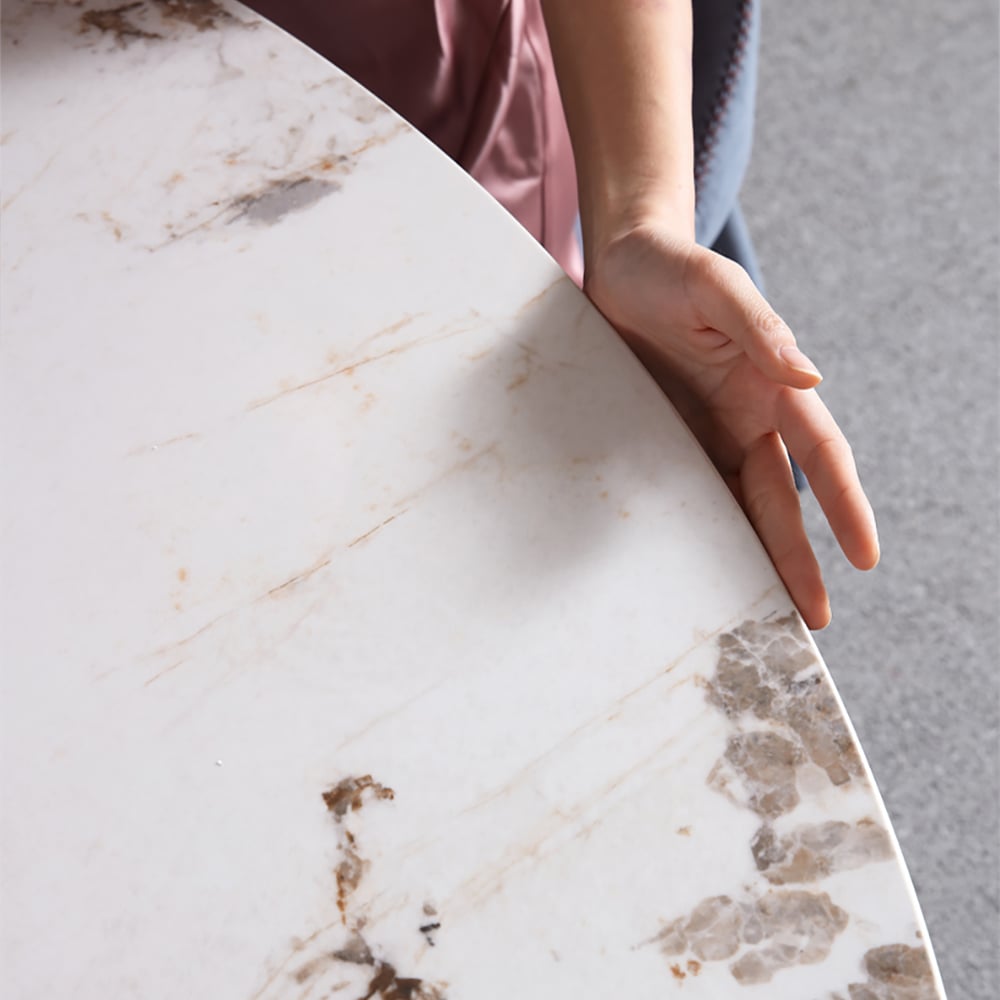 Table de salle à manger ronde moderne en pierre frittée de 53,1 po avec pieds en acier inoxydable image de fenêtre