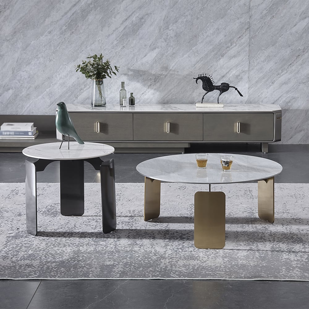 Modern Sintered Stone Top Coffee Table Stainless Steel Base Round Coffee Table Set of 2 window image