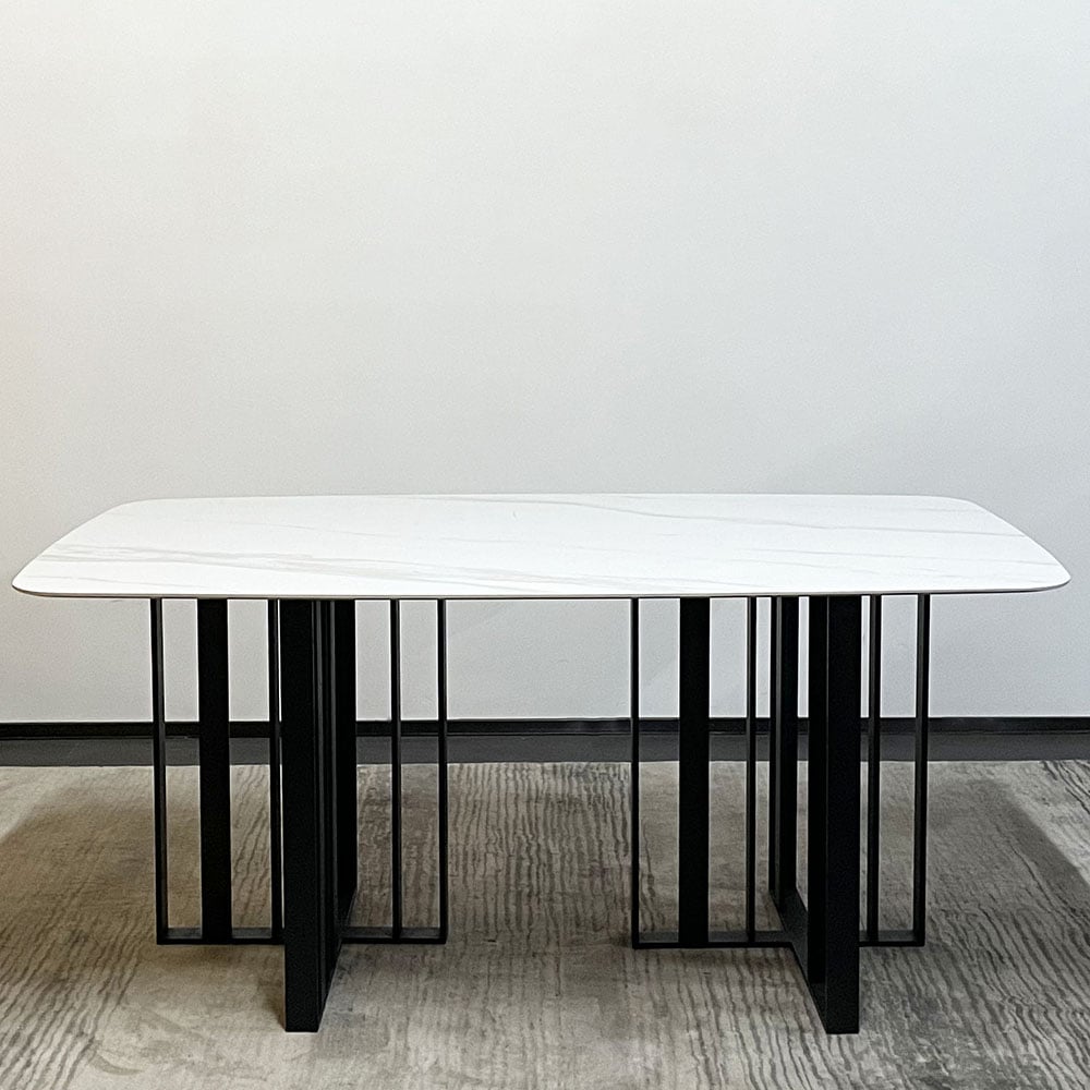 Modern Rectangle Sintered Stone-Top Dining Table Double Pedestal Carbon Steel Base window image