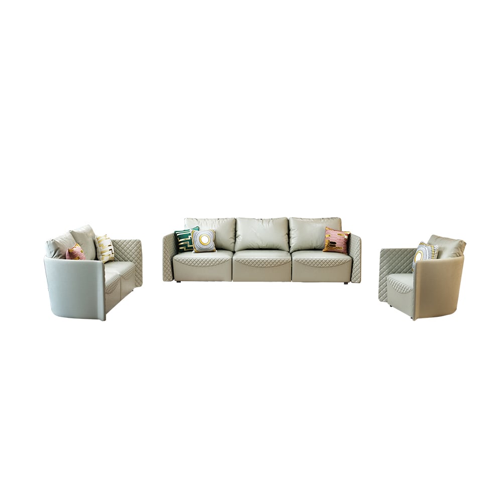 Ensemble de 3 pièces moderne en similicuir beige clair avec cadre en bois massif image de fenêtre