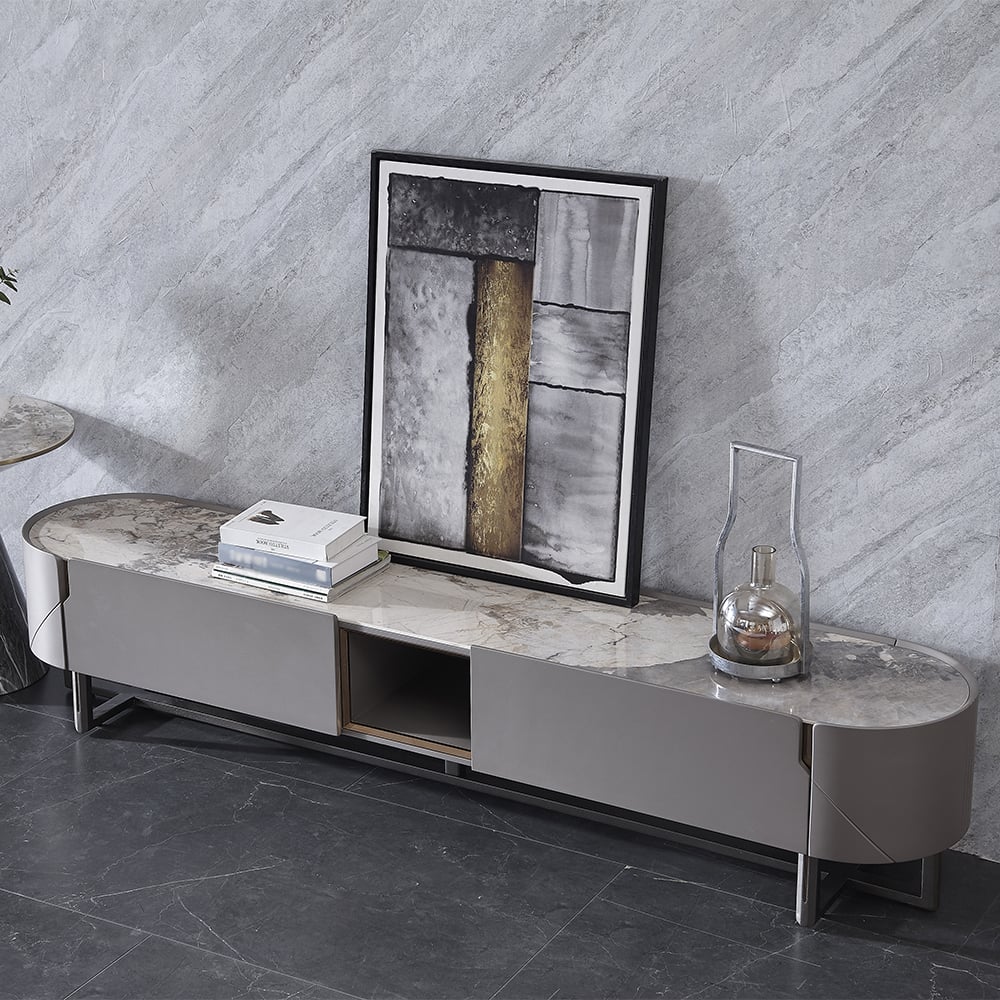 Meuble TV autoportant ovale en bois de frêne gris de 78,7 po avec dessus en pierre frittée avec 2 tiroirs image de fenêtre