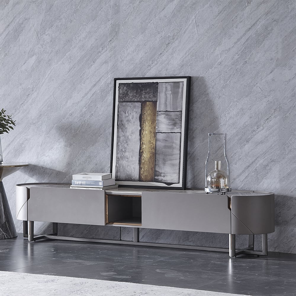 Meuble TV autoportant ovale en bois de frêne gris de 78,7 po avec dessus en pierre frittée avec 2 tiroirs image de fenêtre