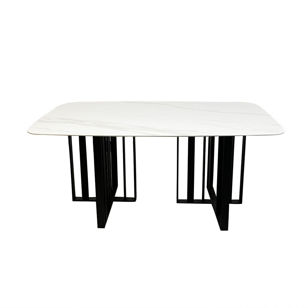 Modern Rectangle Sintered Stone-Top Dining Table Double Pedestal Carbon Steel Base window image