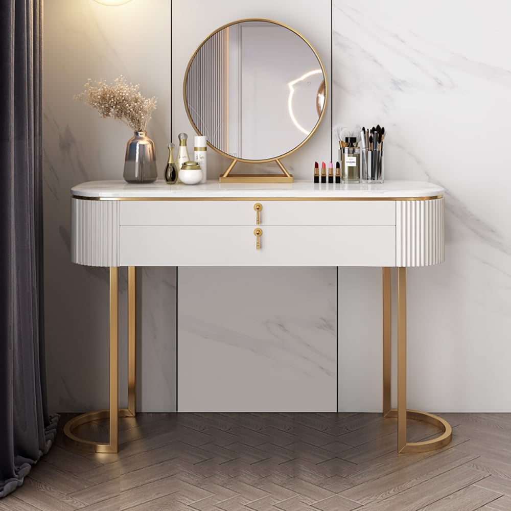 Modern 2-Drawer White Makeup Vanity Table Mirror Included window image