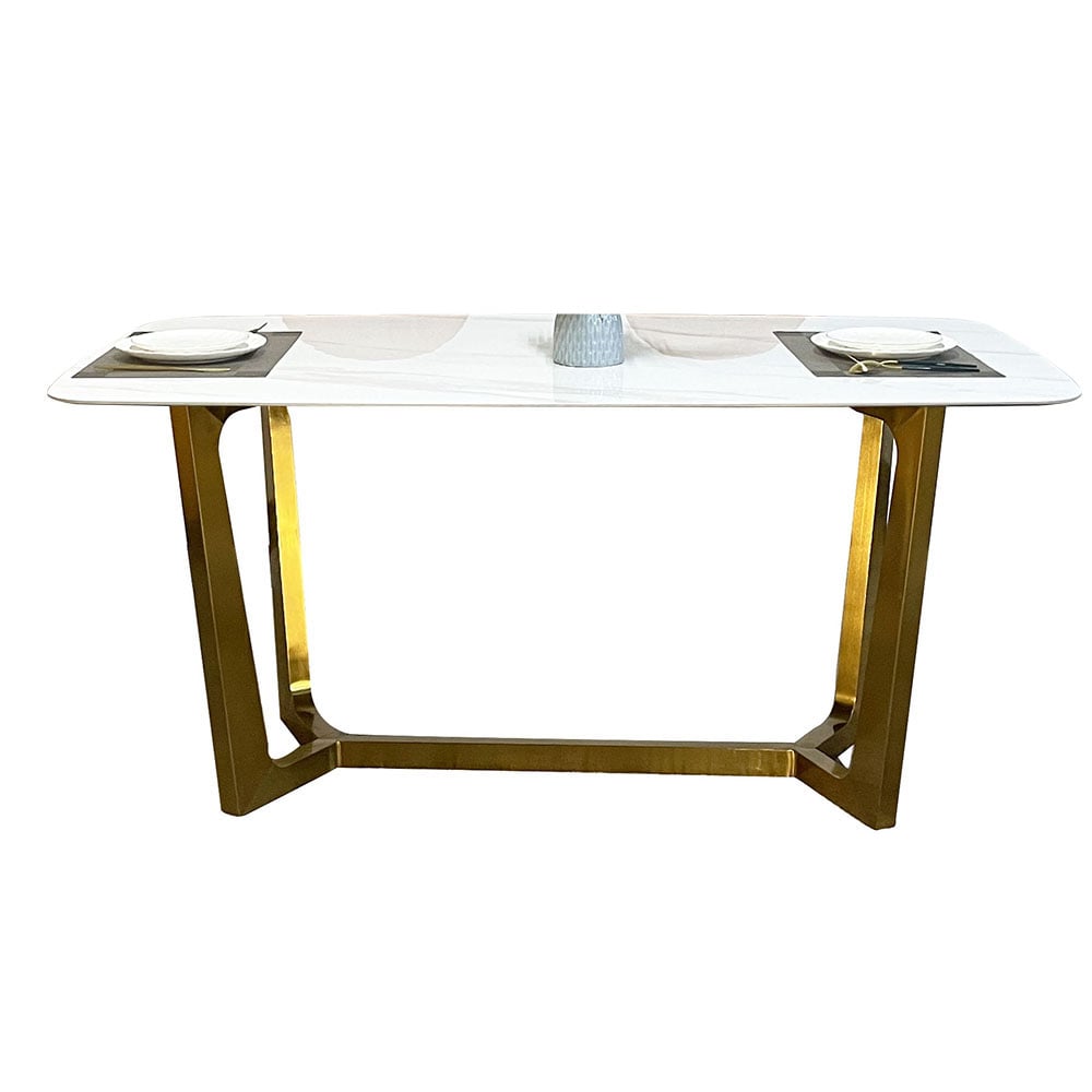 Table à manger moderne en pierre frittée blanche de 55,1 po avec pieds en acier au carbone image de fenêtre