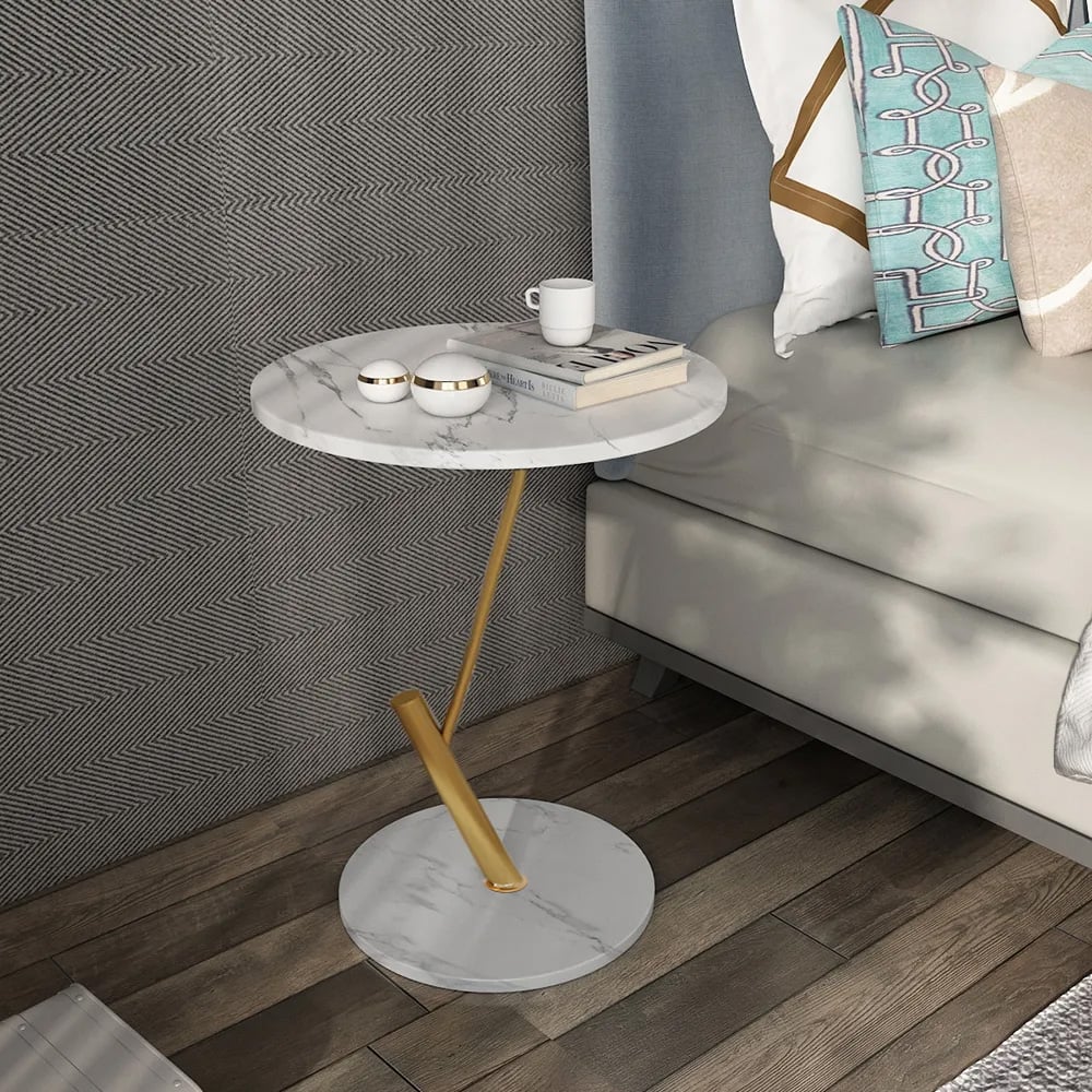 White Round End Table Modern Marble Top Side Table window image