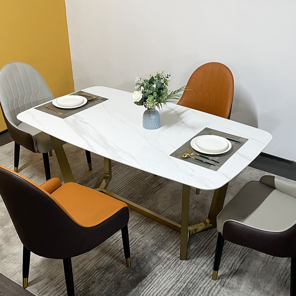 Table à manger moderne en pierre frittée blanche de 55,1 po avec pieds en acier au carbone image de fenêtre