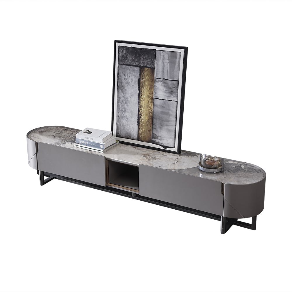 Meuble TV autoportant ovale en bois de frêne gris de 78,7 po avec dessus en pierre frittée avec 2 tiroirs image de fenêtre