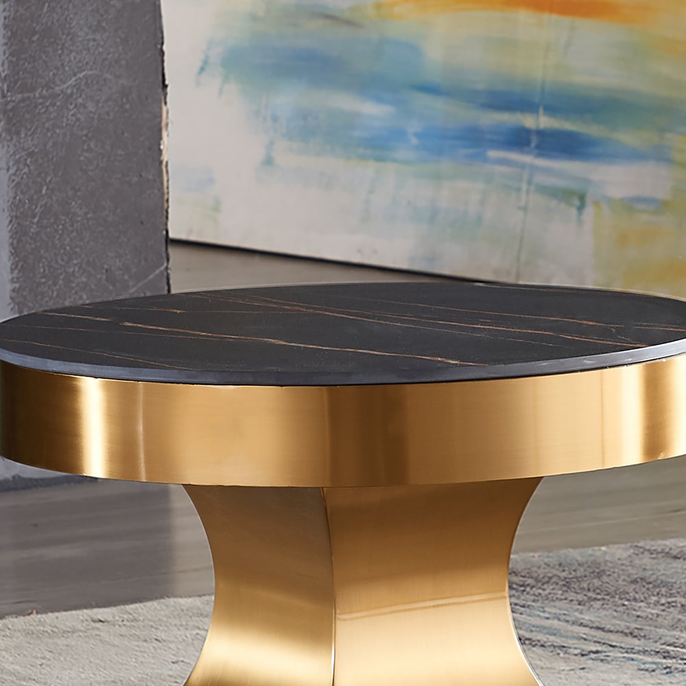 Mesa auxiliar superior de piedra sinterizada dorada y negra con base de acero inoxidable Imagen de ventana