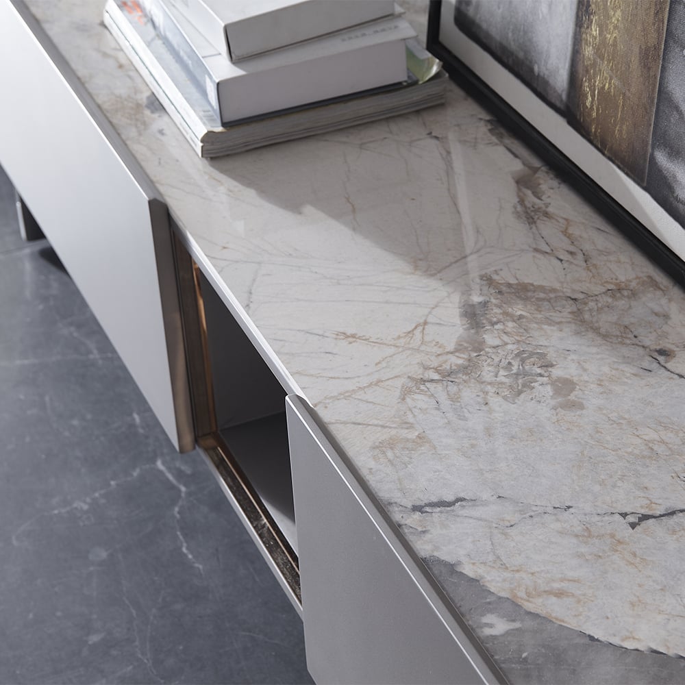 Meuble TV autoportant ovale en bois de frêne gris de 78,7 po avec dessus en pierre frittée avec 2 tiroirs image de fenêtre