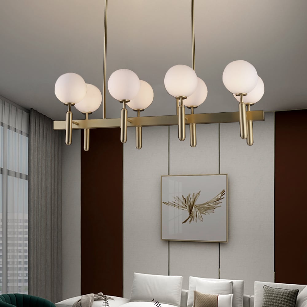 Modern 10-Light Linear Kitchen Island Light with Double Row White Globe Shaped Lamps window image