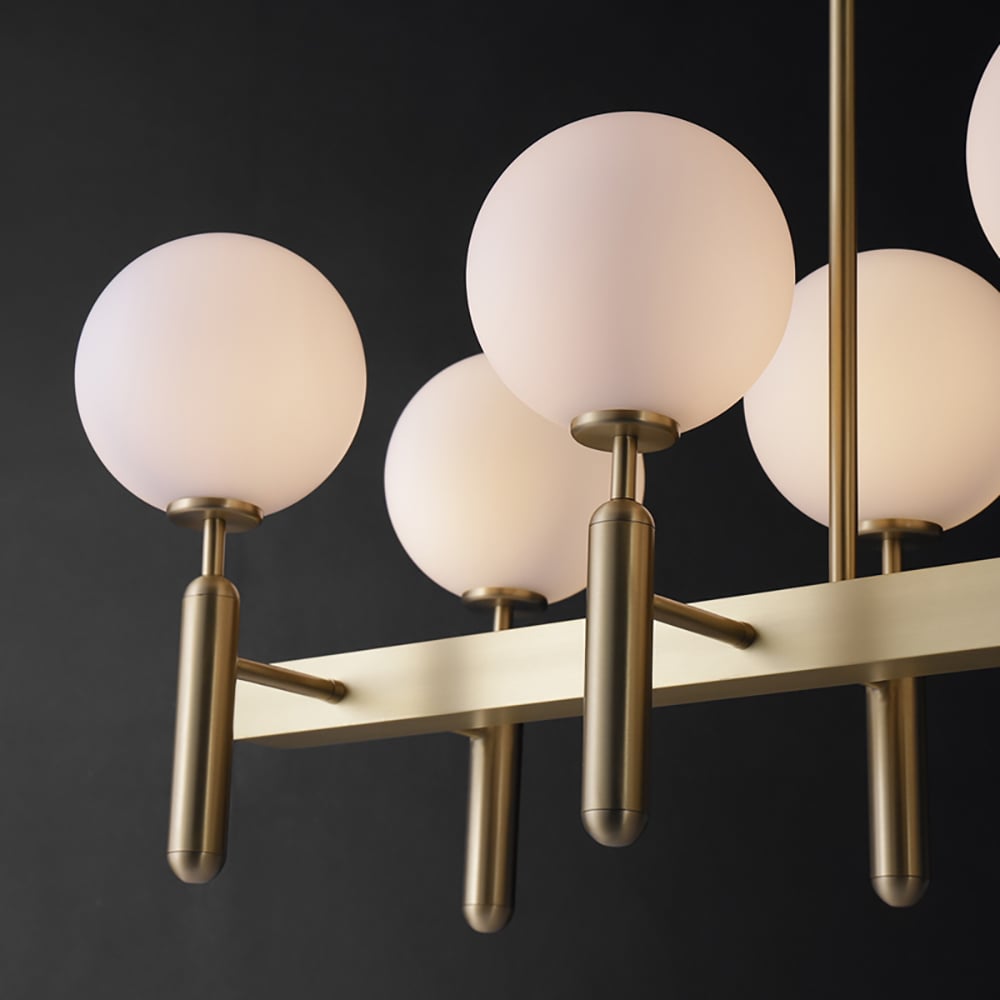 Modern 10-Light Linear Kitchen Island Light with Double Row White Globe Shaped Lamps window image