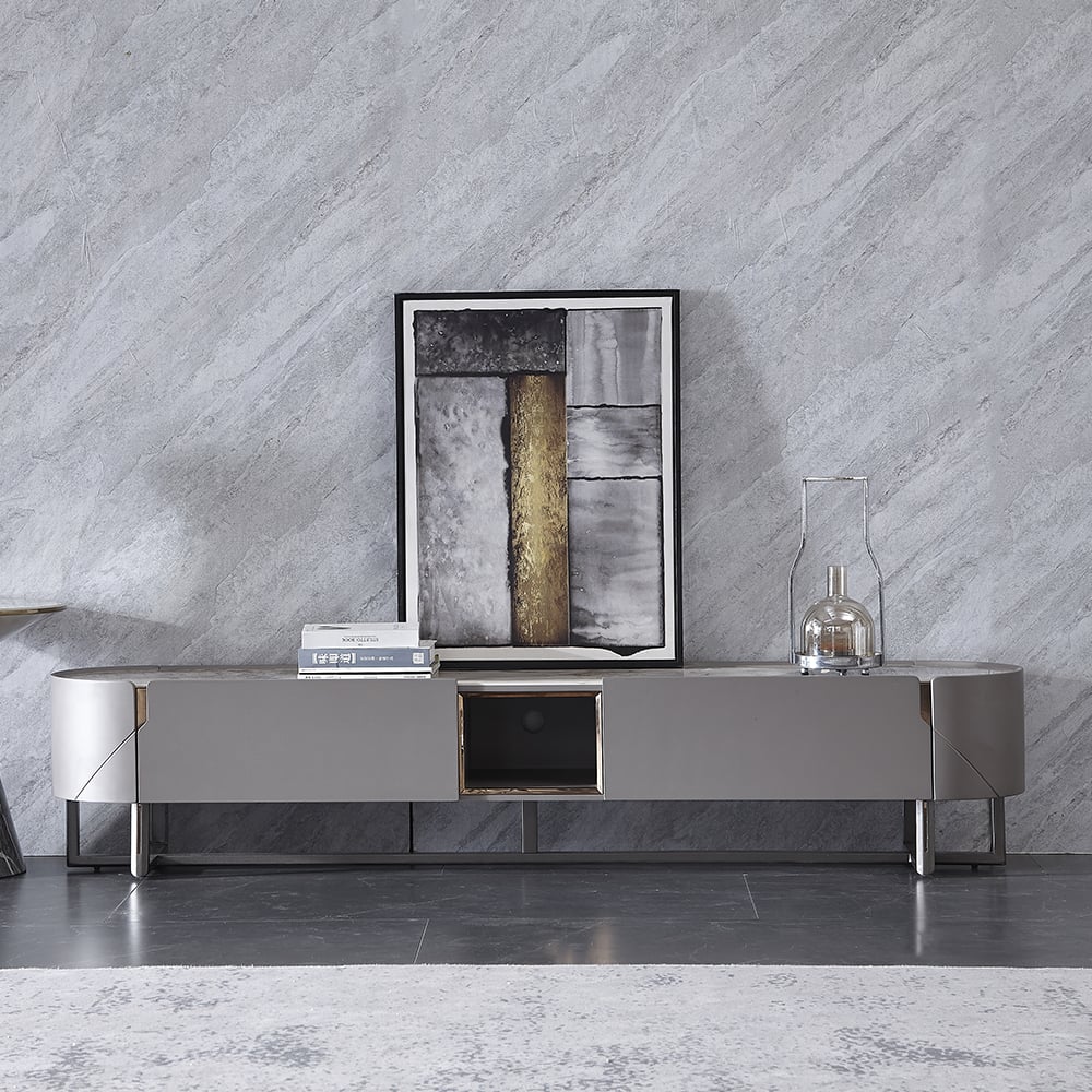 Meuble TV autoportant ovale en bois de frêne gris de 78,7 po avec dessus en pierre frittée avec 2 tiroirs image de fenêtre