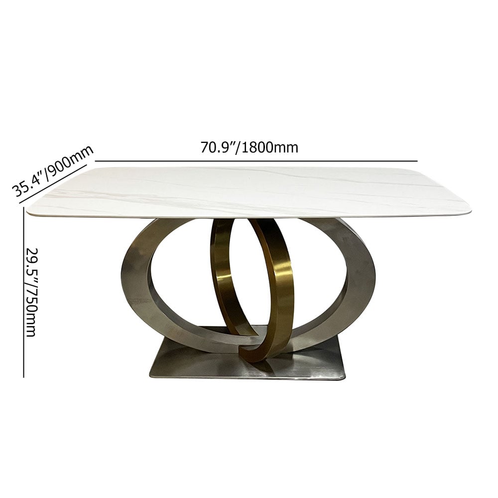 Rechthoekige eettafel met gesinterd stenen blad geometrisch voetstuk roestvrijstalen voet Vensterafbeelding