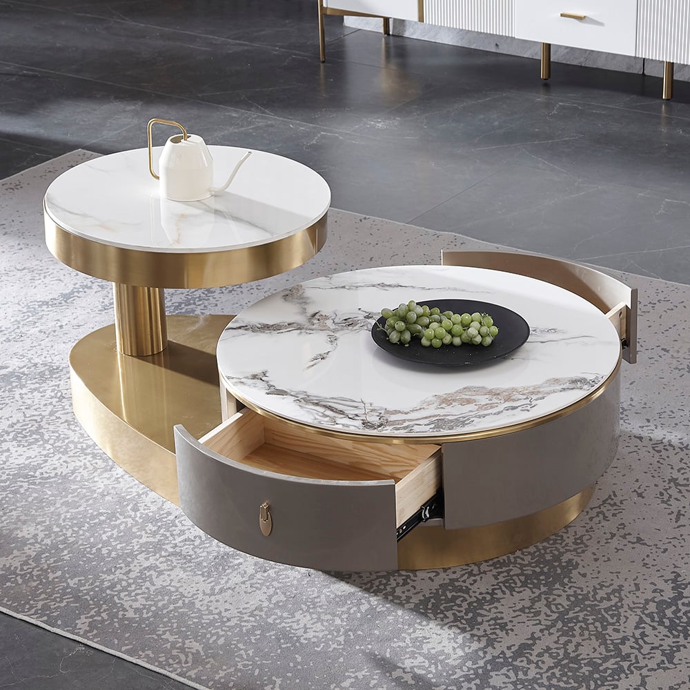 Table basse moderne à double plateau en pierre frittée créative avec base en acier inoxydable image de fenêtre