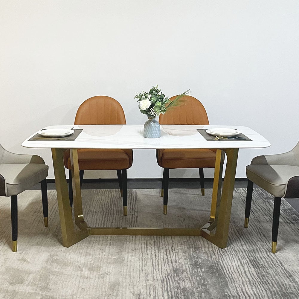 Table à manger moderne en pierre frittée blanche de 55,1 po avec pieds en acier au carbone image de fenêtre